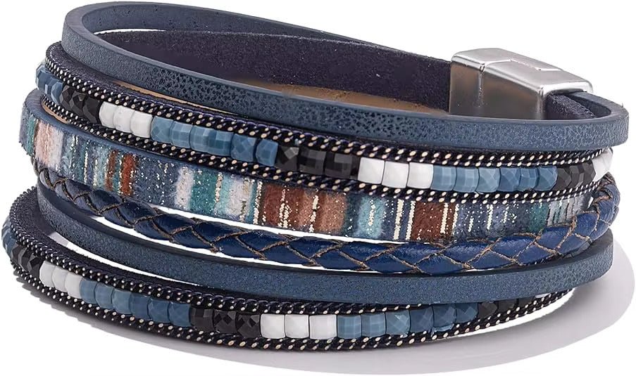 REGALIA - Navy Genuine Braided Leather Bracelet Set for Men & Boys (8 inch)