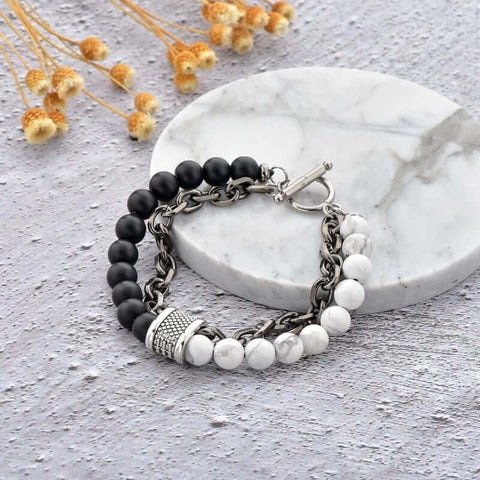 BEADFUSION వైట్ - పురుషుల కోసం సహజ పూసల బ్రాస్‌లెట్ - డబ్బు మాగ్నెట్ అవ్వండి - సహజ అగ్నిపర్వత రాయి రంగుల 7 చక్ర శక్తి స్ట్రెచ్ బ్రాస్‌లెట్ (8 అంగుళాలు)