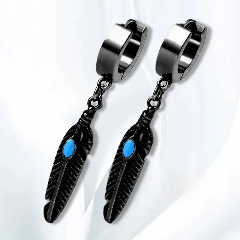 FEATHER BLACK - Titanium Steel Hoop Earrings for Men & Boys