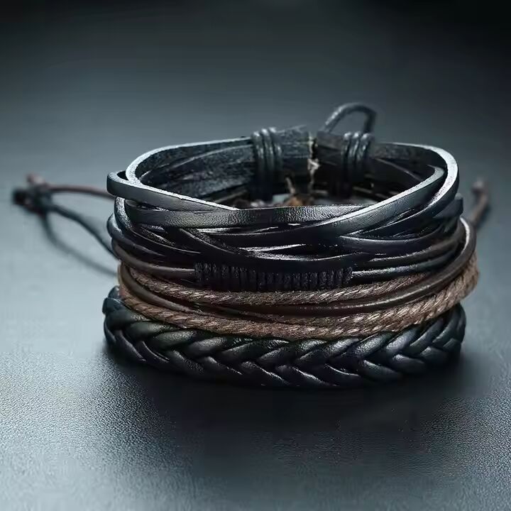 GLADIATOR BAND  - 4 Pcs Genuine Braided Leather Bracelet Set for Men & Boys (8 inch)