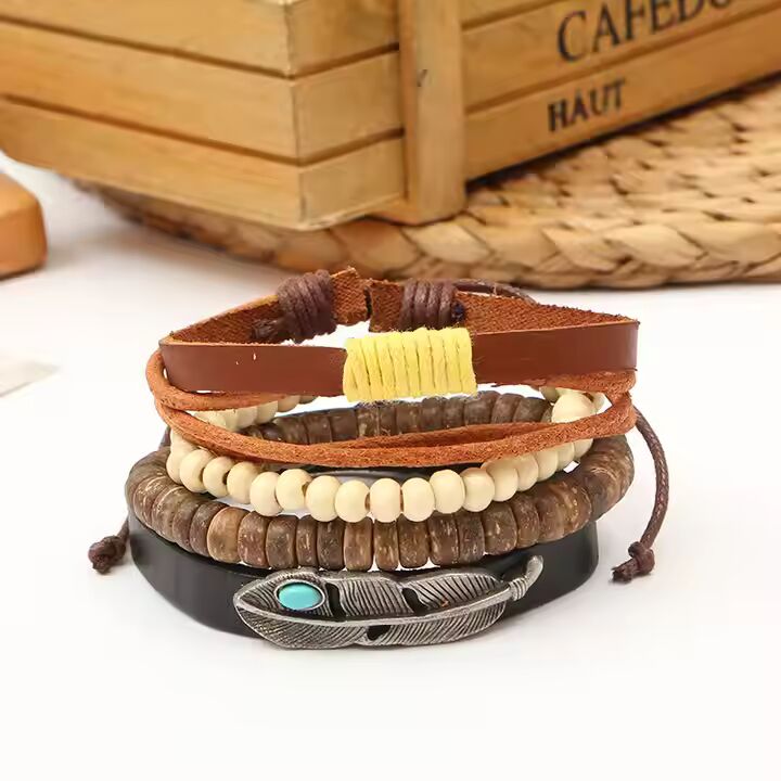 TRIBAL FEATHER STACK -  4 Pcs Genuine Braided Leather Bracelet Set for Men & Boys (8 inch)