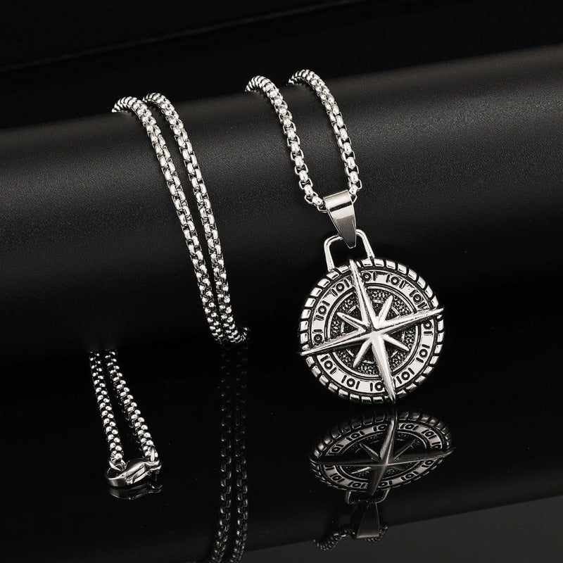 Compass Luck - Alloy Pendant With Pure Stainless Steel 24Inch Round Box Chain American Trending