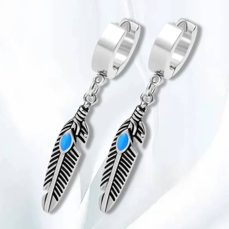 FEATHER SILVER - Titanium Steel Hoop Earrings for Men & Boys