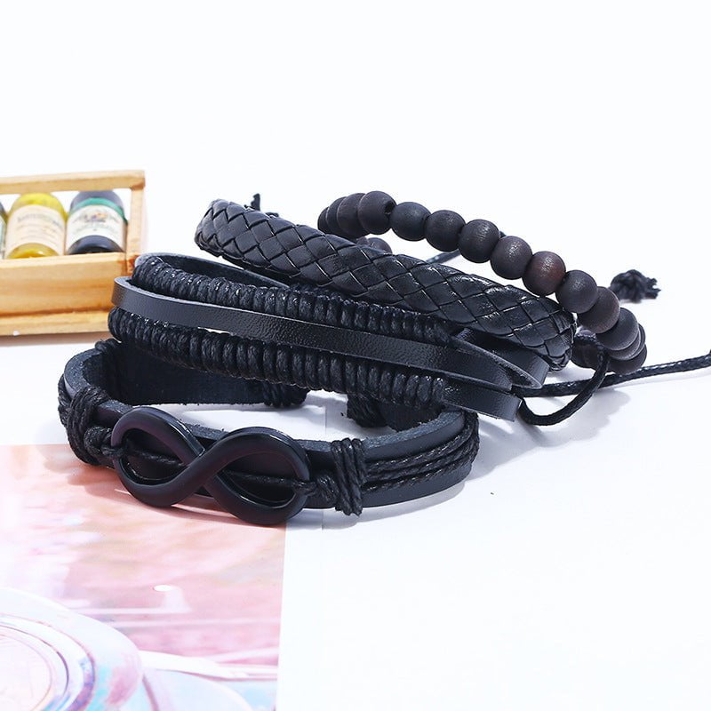 Quadra-Fusion Infinity Black - Leather Bracelet For Men 4Pcs Black Genuine Braided Set Tribal Woven