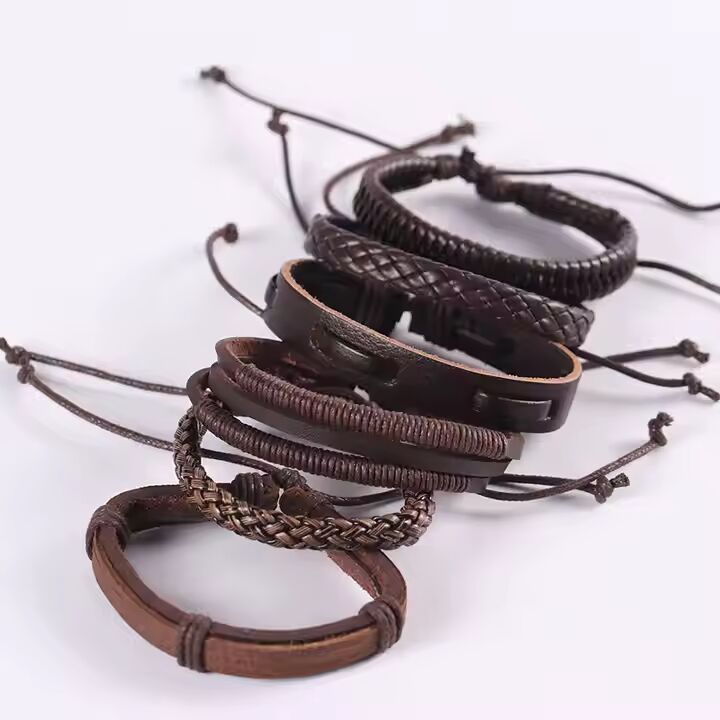 STRING WOVEN - Multi-layer Set Genuine Braided Leather Bracelet Set for Men & Boys (8 inch)