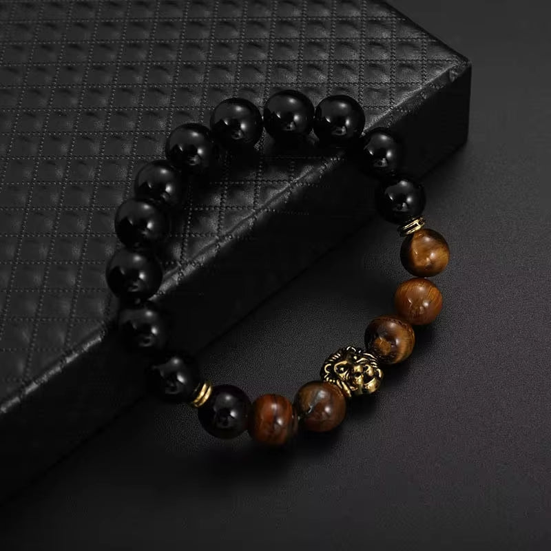 LION HEAD - Natural Beads Alloy Stretch Bracelet for Men and Boys