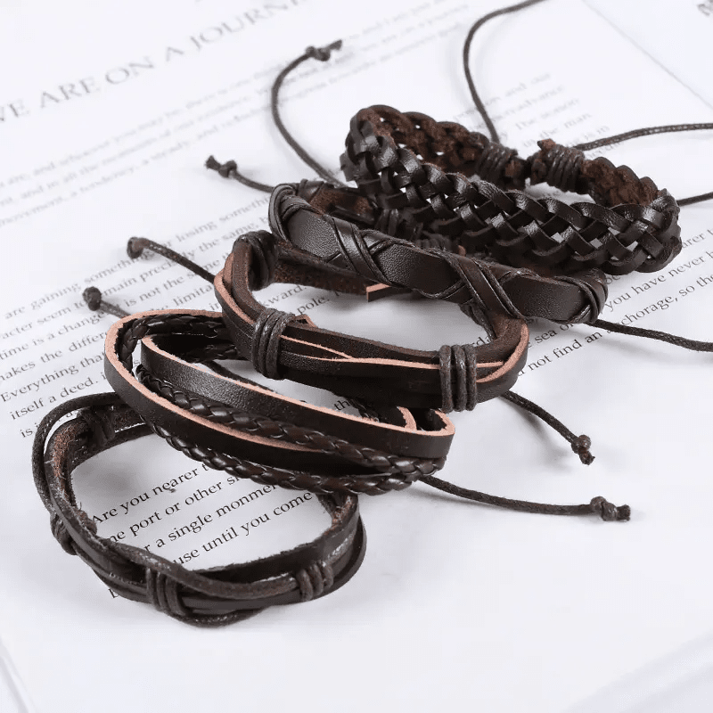 NOMAD KNOTS - 5 Pcs Genuine Braided Leather Bracelet Set for Men & Boys (8 inch)