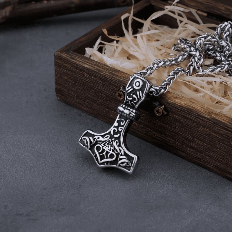 VIKING RUNES THOR HAMMER SILVER  - Pure Titanium Steel Necklace with 24 inch Chain for Men & Boys