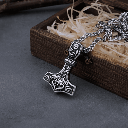 VIKING RUNES THOR HAMMER SILVER  - Pure Titanium Steel Necklace with 24 inch Chain for Men & Boys