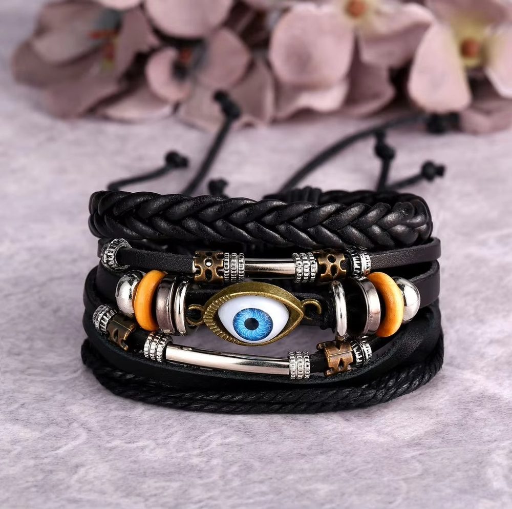 ECLIPSE EYE LEATHER BRACELET - 3 Pcs Genuine Braided Leather Bracelet Set for Men & Boys (8 inch)