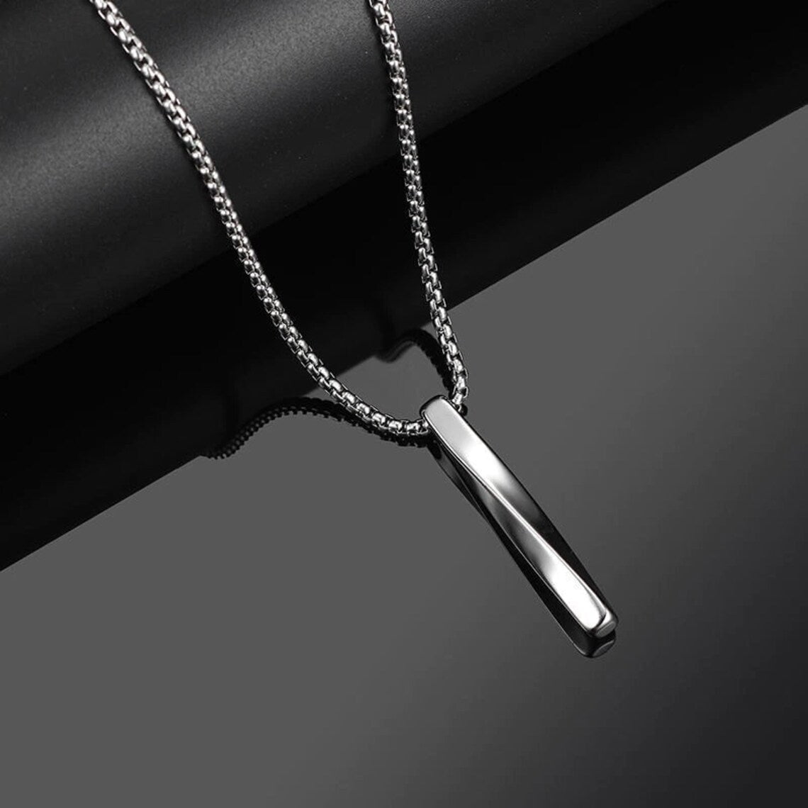 Twisted Cuboid Vertical Bar - Alloy Pendant With 24Inch Round Box Chain European Trending Style For