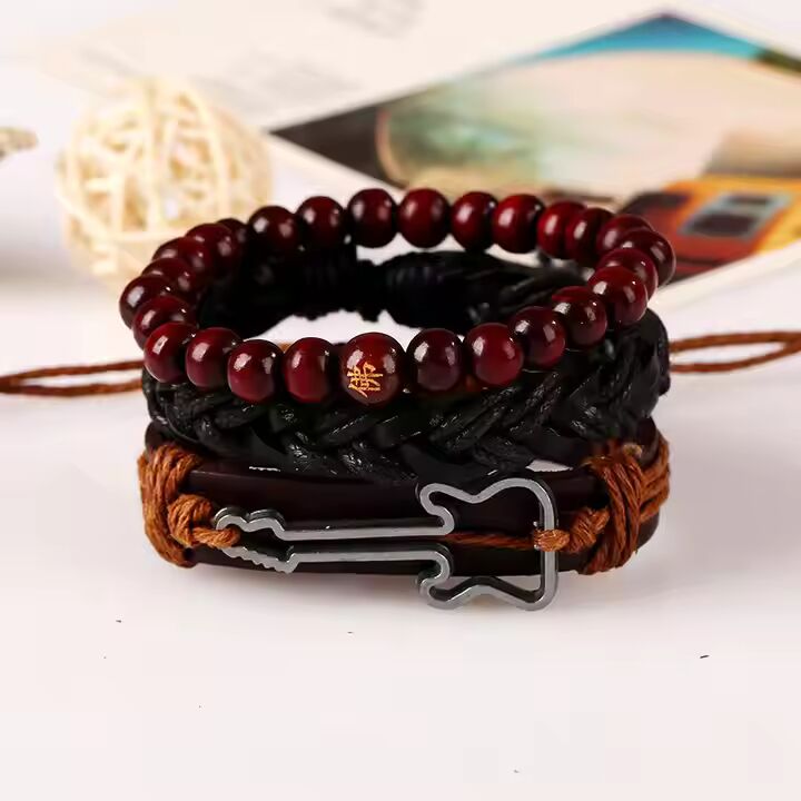 GUITARBOUND -  3 Pcs Genuine Braided Leather Bracelet Set for Men & Boys (8 inch)