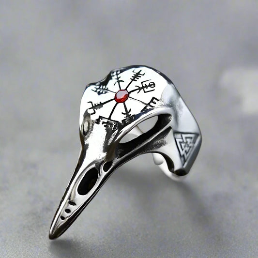 Crow Skull Viking - Titanium Steel Ring With Red Stone Size 17-21- 24)