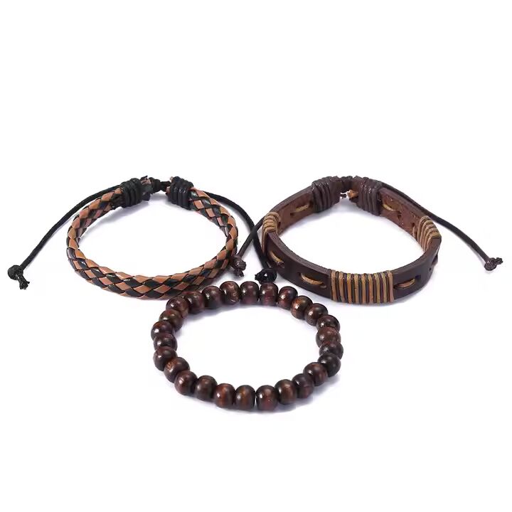 DESERT STORM - 3 Pcs Genuine Braided Leather Bracelet Set for Men & Boys (8 inch)