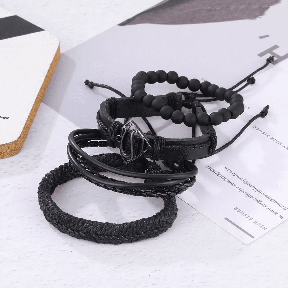 SUPERNOVA BAND - 4 Pcs Genuine Braided Leather Bracelet Set for Men & Boys (8 inch)