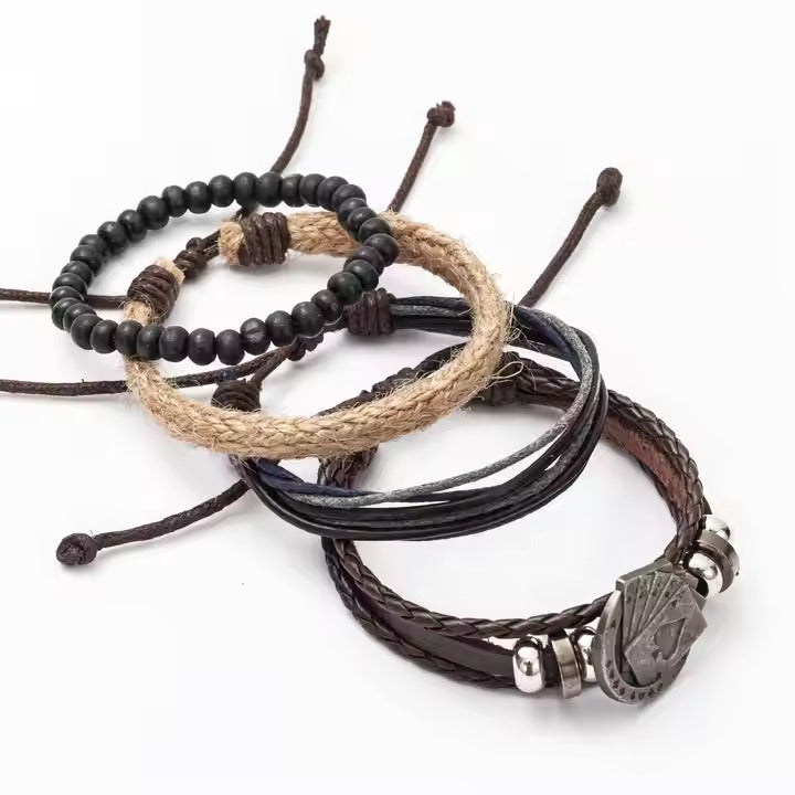 THE GAMBLER’S CUFF - 4 Pcs Genuine Braided Leather Bracelet Set for Men & Boys (8 inch)