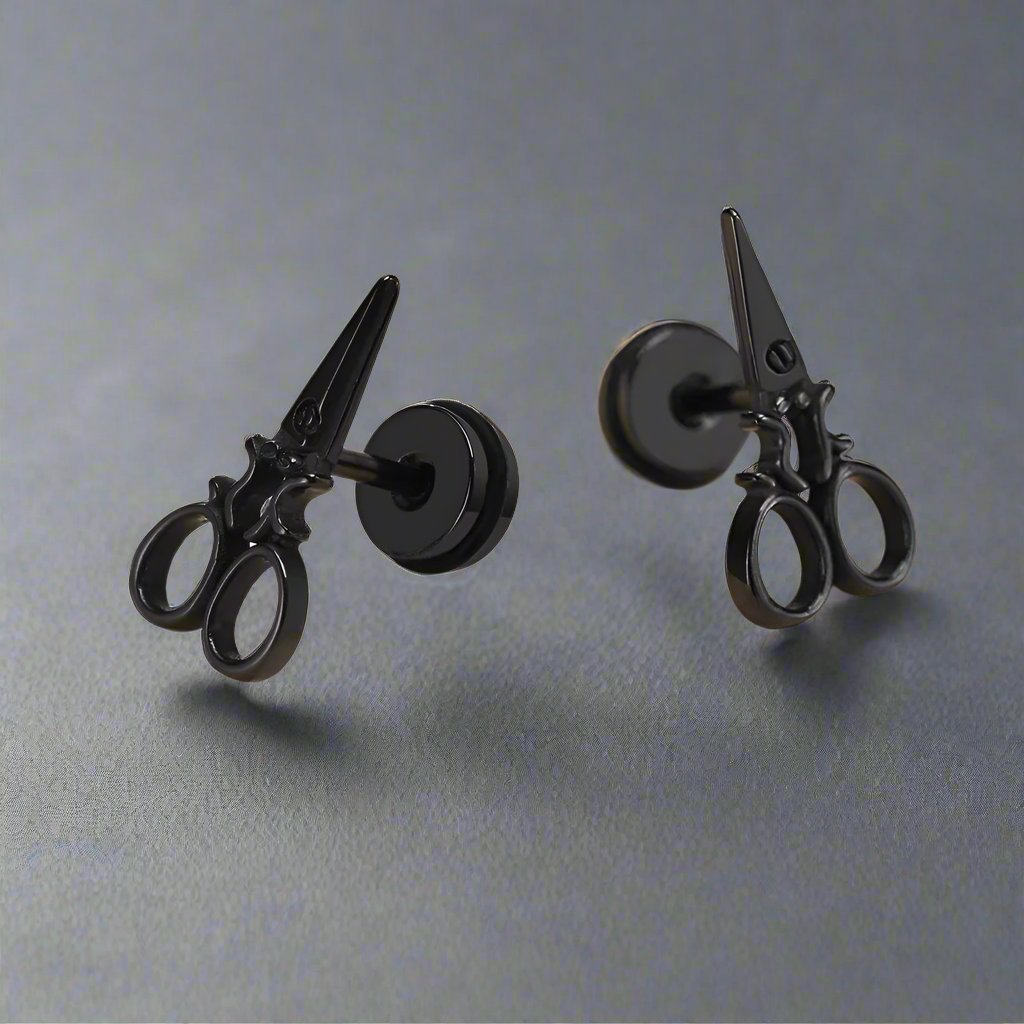 SCISSORS STUDS BLACK - Pure Titanium Steel Piercing Ear Earrings for Men & Boys