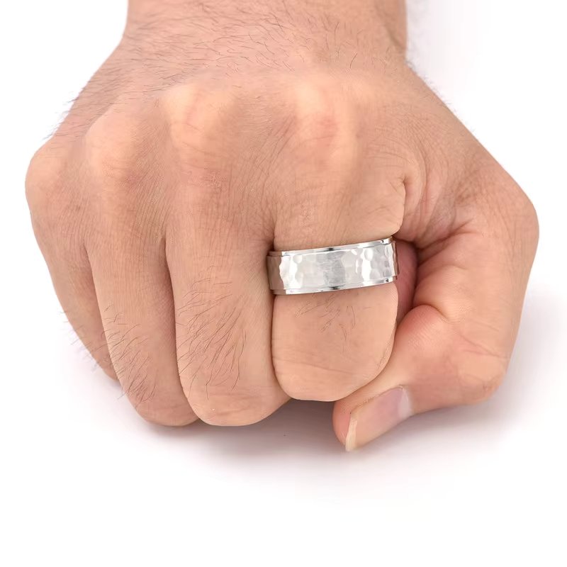 SILVERFORGE TITANIUM HAMMERED RING - Silver Toned Ring - Pure Titanium Steel Ring for Men Size - 21