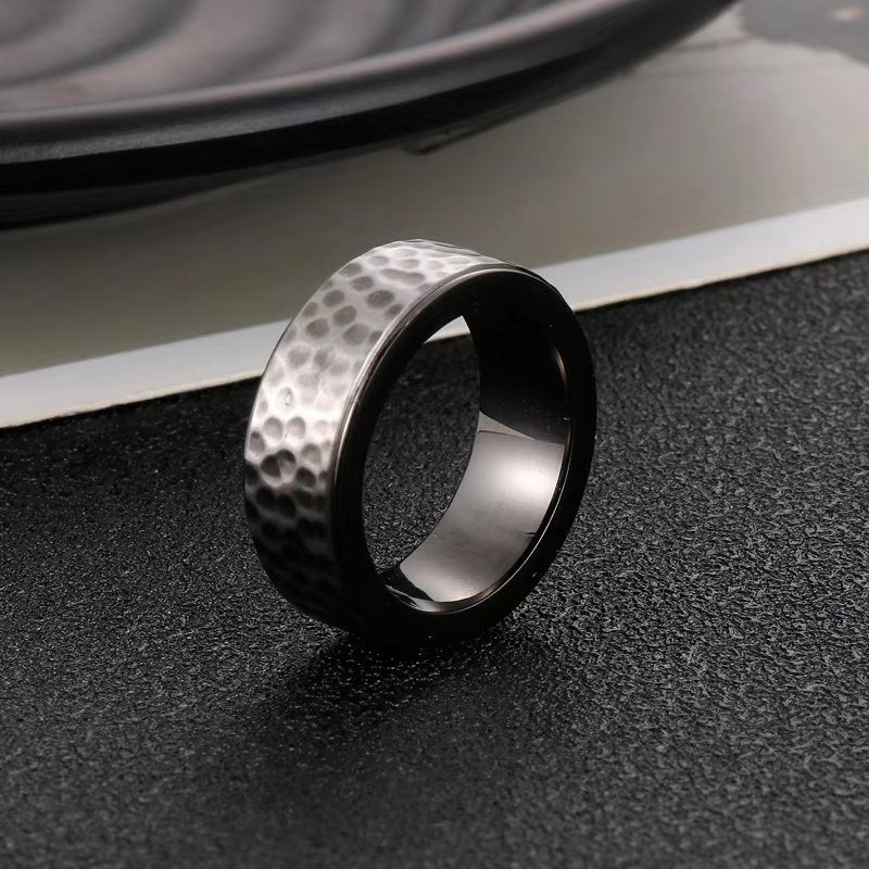 BLACK TITANIUM HAMMERED RING - Silver Ring - Pure Titanium Steel Ring for Men Size - 21