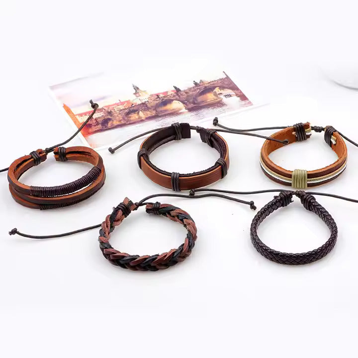 BOUNDEDGE BRACELETS - 5 Pcs Genuine Braided Leather Bracelet Set for Men & Boys (8 inch)