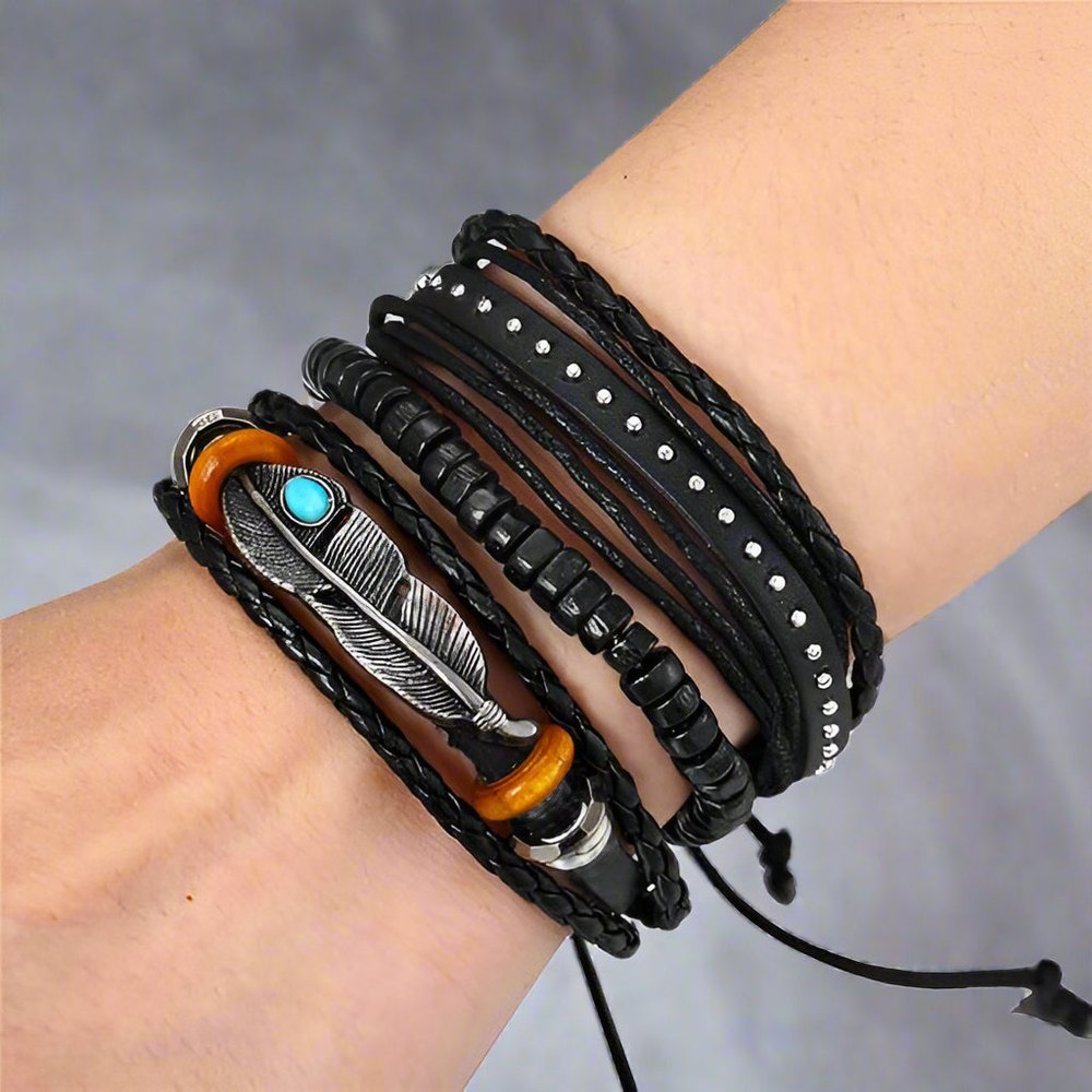 STORMWEAVER - 3 Pcs Genuine Braided Leather Bracelet Set for Men & Boys (8 inch)