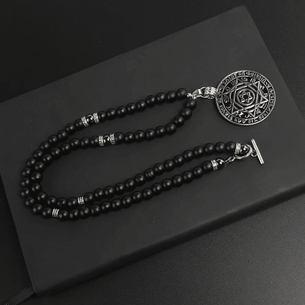 HEXAGRAM - 8mm Black Natural Onyx Beads Necklace for Men & Boys (24 inch)