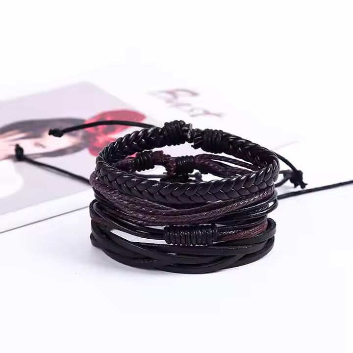 GLADIATOR BAND  - 4 Pcs Genuine Braided Leather Bracelet Set for Men & Boys (8 inch)