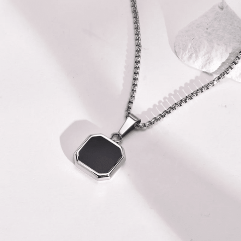 OCTAGON GEO - Alloy Pendant with Black Stone & Stainless Steel 24inch Round Box Chain, American trending Style for Men & Boy