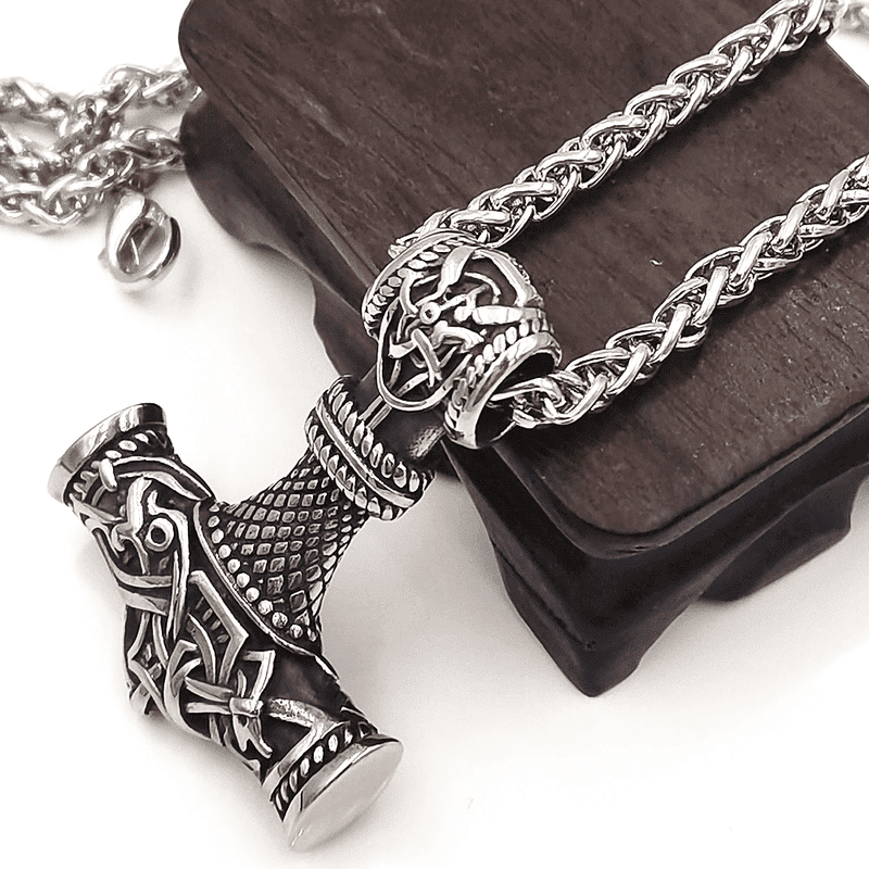 VIKING NORSE GOD HAMMER SILVER  - Pure Titanium Steel Necklace with 24 inch Chain for Men & Boys