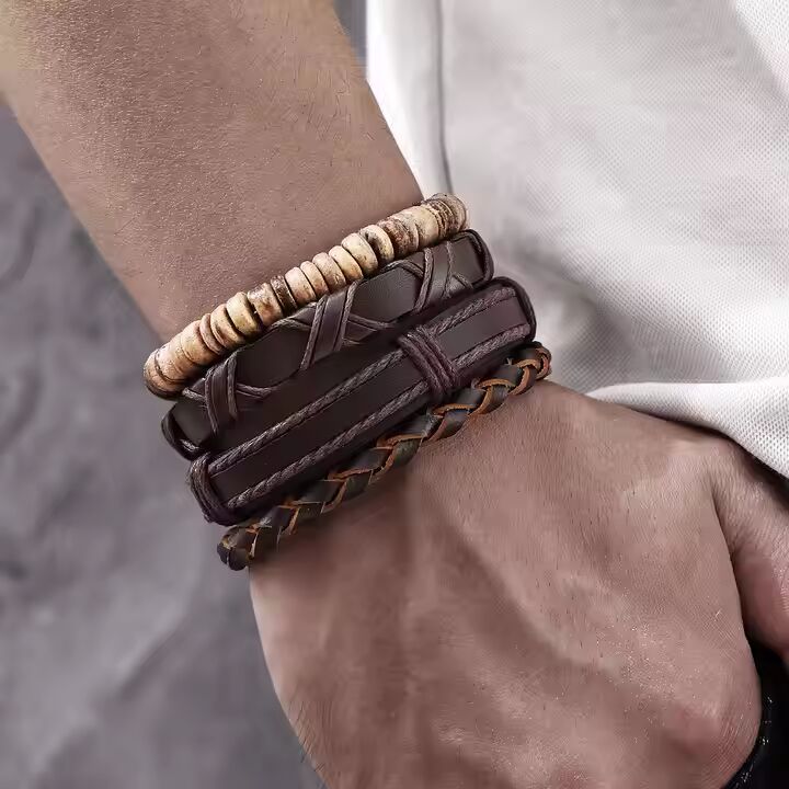 SURVIVOR’S STRAND - 4 Pcs Genuine Braided Leather Bracelet Set for Men & Boys (8 inch)