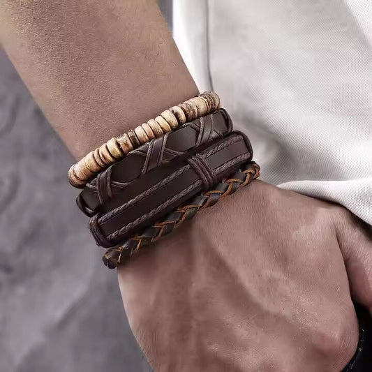 SURVIVOR’S STRAND - 4 Pcs Genuine Braided Leather Bracelet Set for Men & Boys (8 inch)