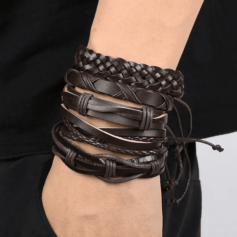 NOMAD KNOTS - 5 Pcs Genuine Braided Leather Bracelet Set for Men & Boys (8 inch)