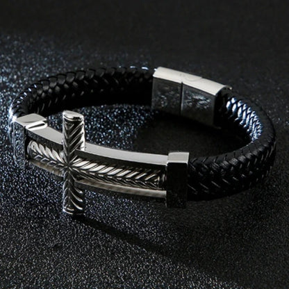 PALADIN CROSS BLACK - Genuine Leather Braided Bracelet with Stainless Steel Magnetic Buckle for Men & Boys (8 inch)