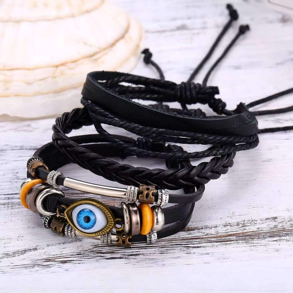 ECLIPSE EYE LEATHER BRACELET - 3 Pcs Genuine Braided Leather Bracelet Set for Men & Boys (8 inch)