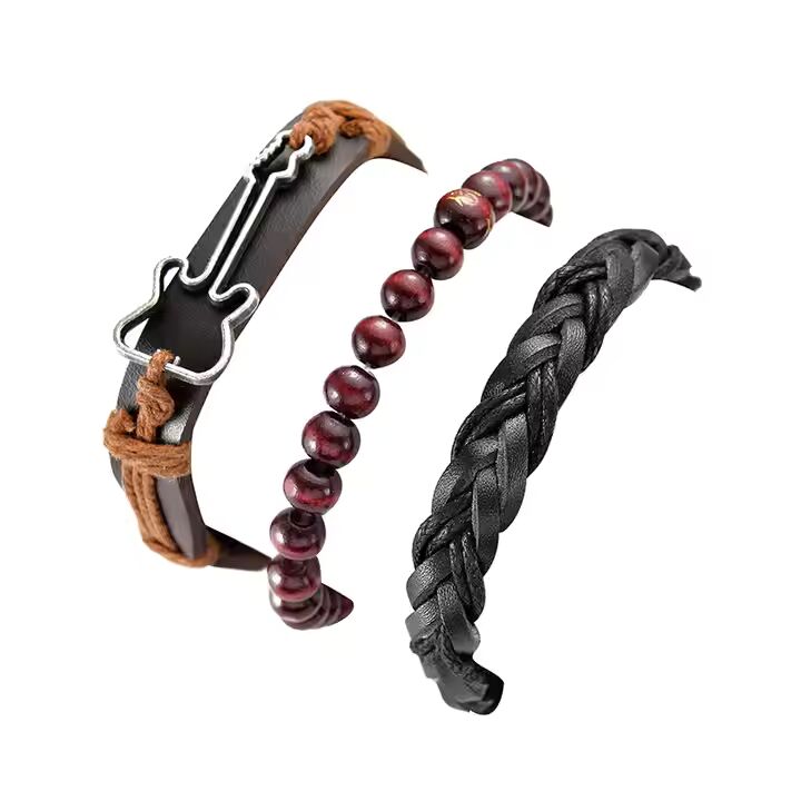 GUITARBOUND -  3 Pcs Genuine Braided Leather Bracelet Set for Men & Boys (8 inch)