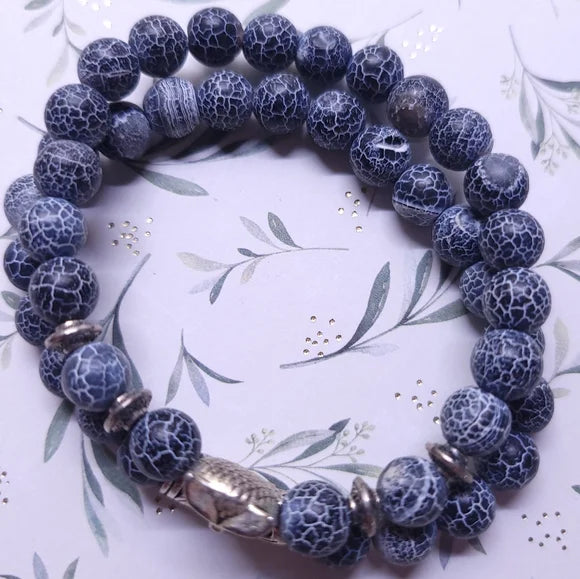 BLUE ONYX OWL - Natural Beads Alloy Stretch Bracelet for Men and Boys