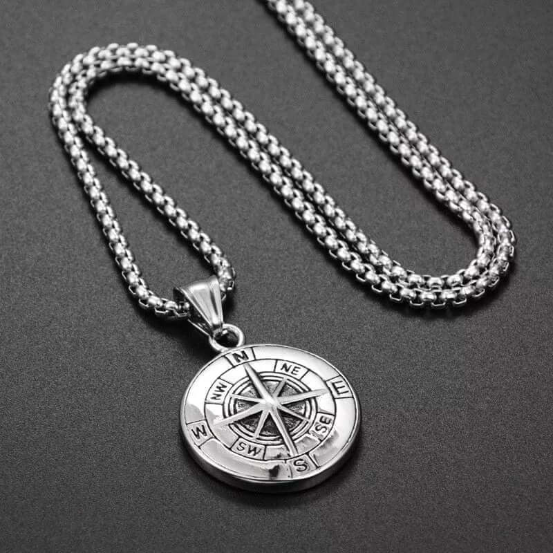 THE MEN THING Alloy Compass Pendant with Pure Stainless Steel 24inch Chain for Men, American trending Style - Round Box Chain & Pendant for Men & Boy