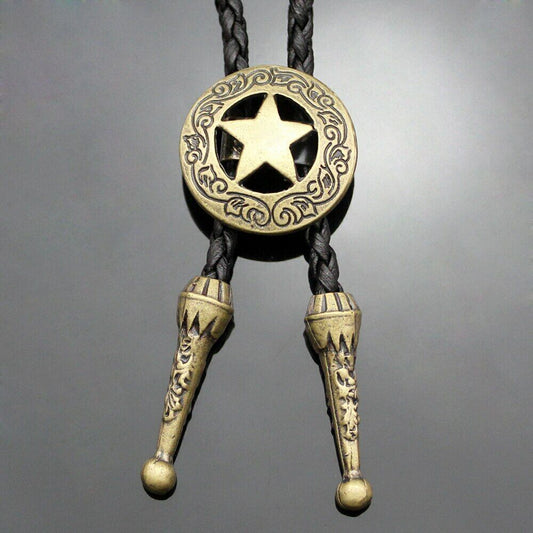 STELLAR STAR - Retro Alloy Pendant Bolo Tie | Adjustable Genuine Leather Cowboy Necktie Necklace for Men & Boys