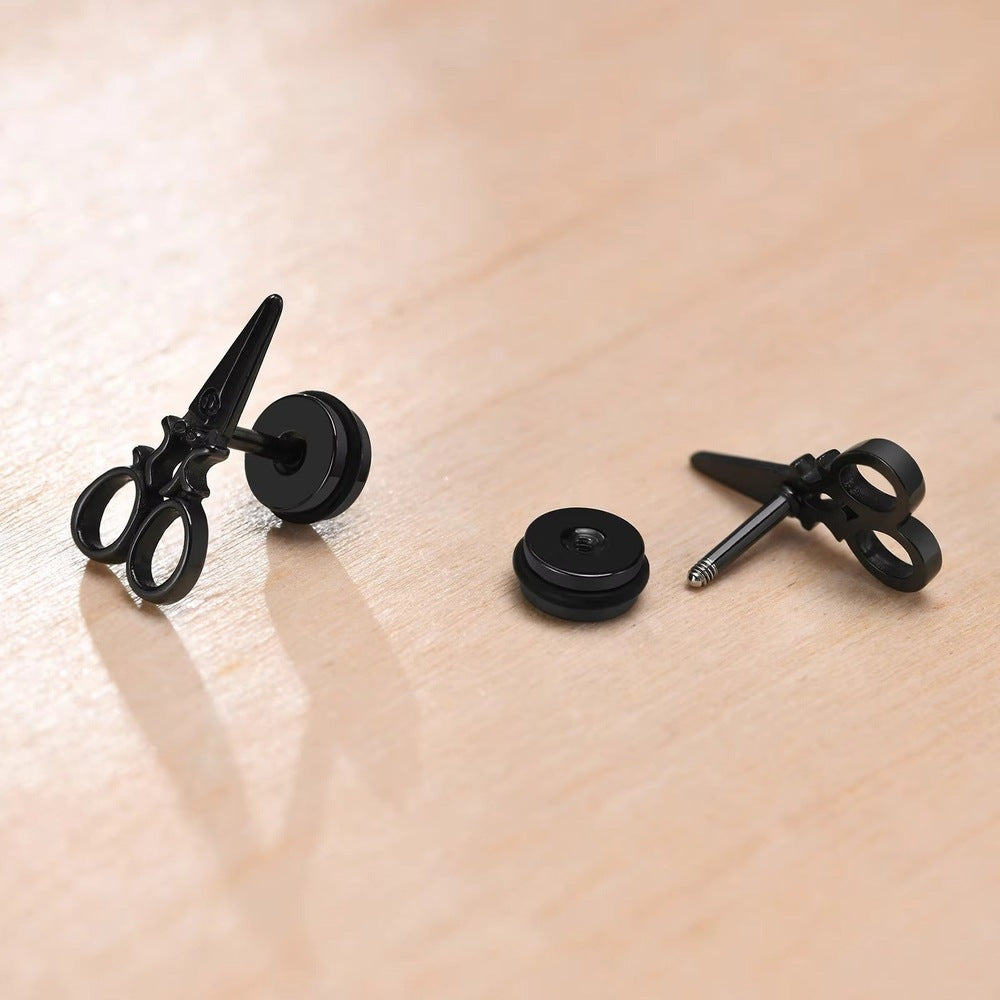 SCISSORS STUDS BLACK - Pure Titanium Steel Piercing Ear Earrings for Men & Boys