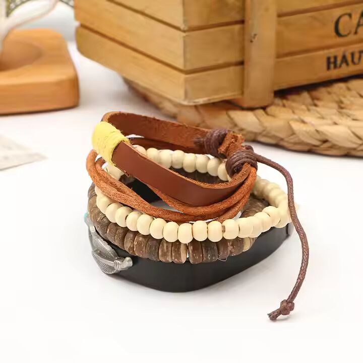 TRIBAL FEATHER STACK -  4 Pcs Genuine Braided Leather Bracelet Set for Men & Boys (8 inch)