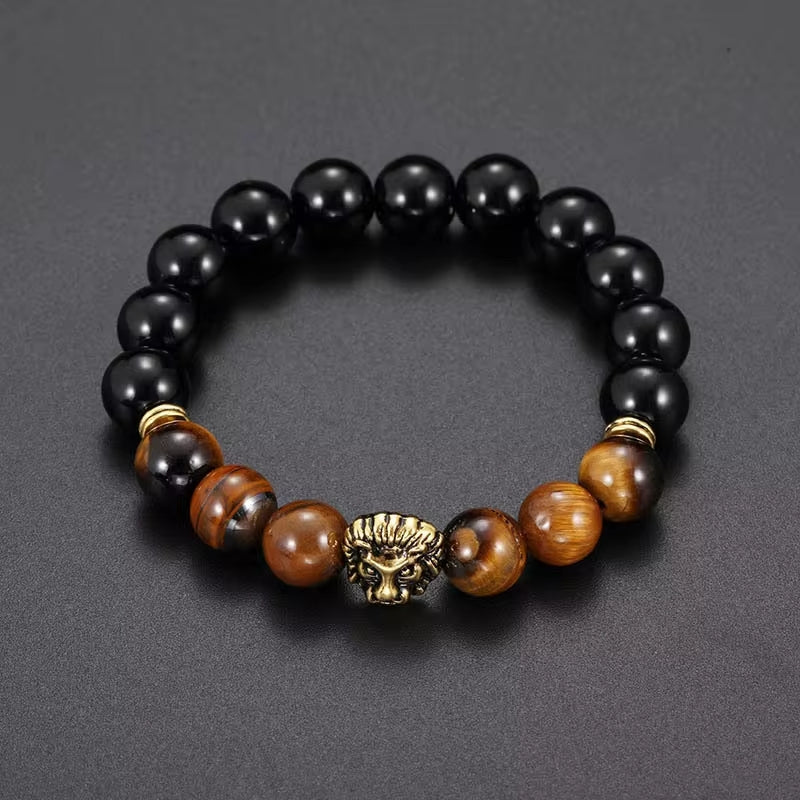 LION HEAD - Natural Beads Alloy Stretch Bracelet for Men and Boys