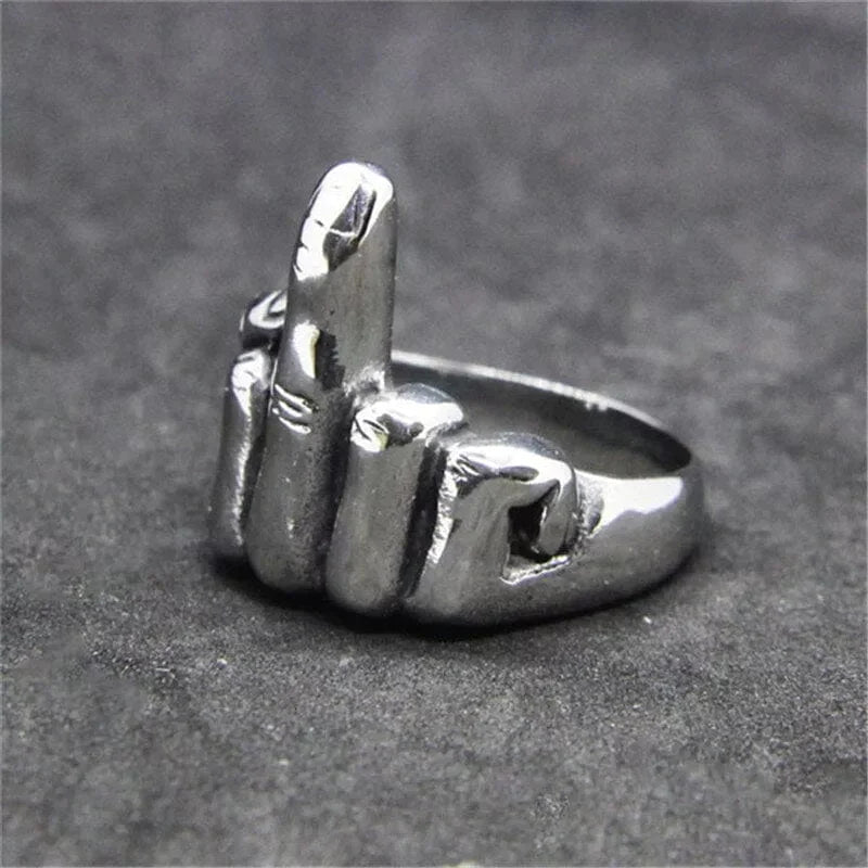 Signet ring for rebellious men middle finger in biker steel