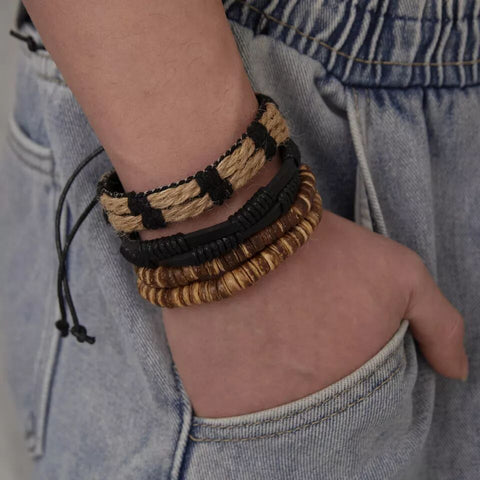 WILDERNESS BAND -  4 Pcs Genuine Braided Leather Bracelet Set for Men & Boys (8 inch)