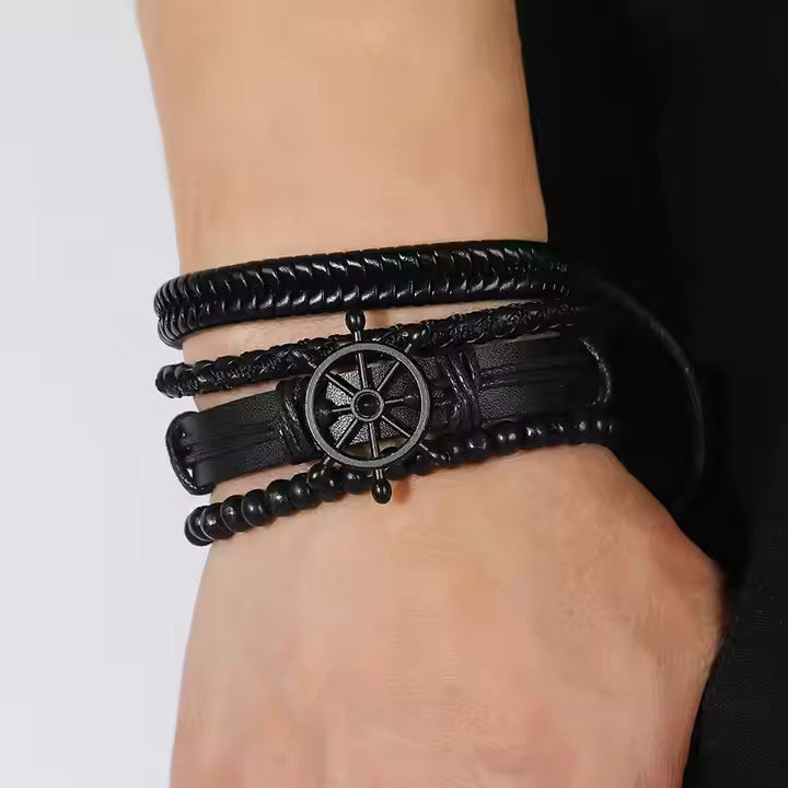 Darkwave Cuff - 4 Pcs Genuine Braided Leather Bracelet Set for Men & Boys (8 inch)