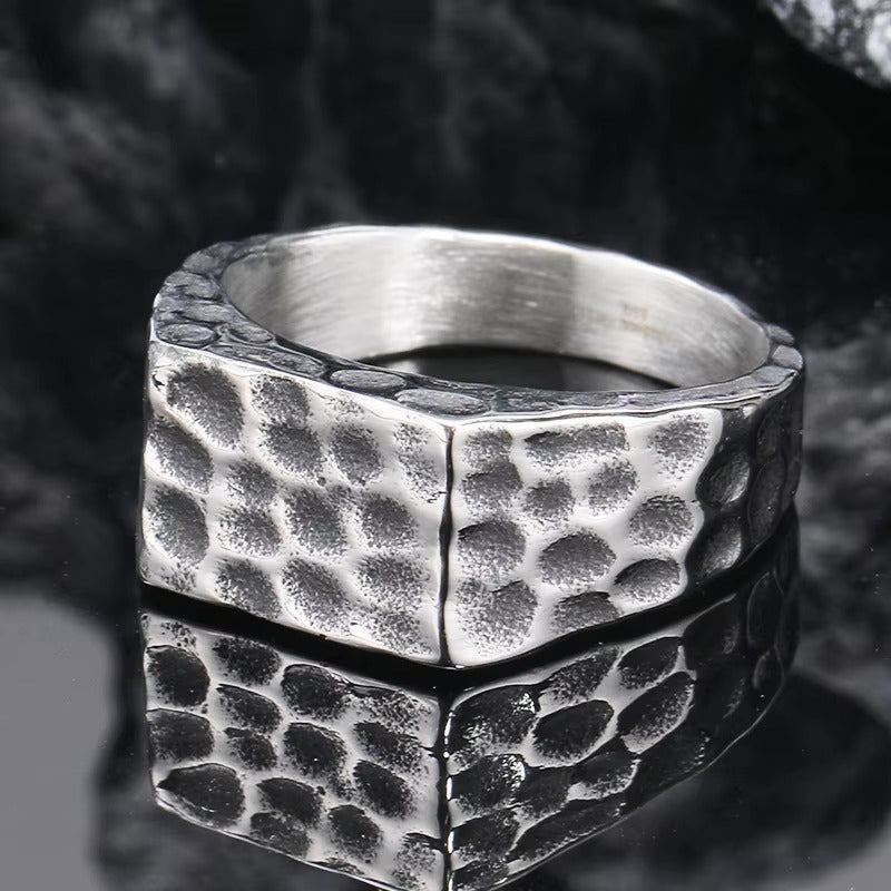 STERLING SILVER SQUARE HAMMERED RING - Silver Steel Ring - Pure Titanium Steel Ring for Men Size - 21