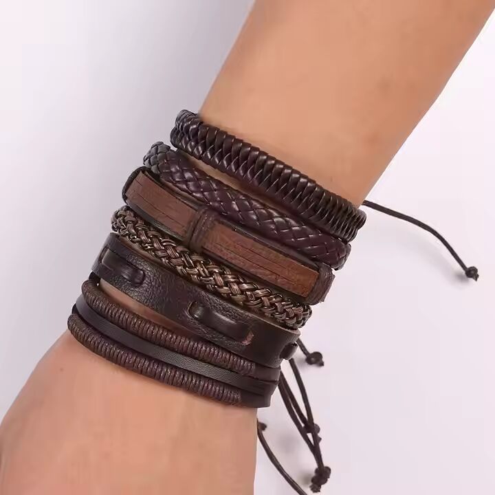 STRING WOVEN - Multi-layer Set Genuine Braided Leather Bracelet Set for Men & Boys (8 inch)