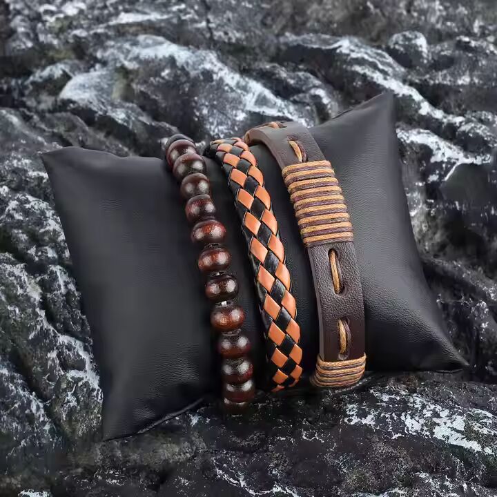 DESERT STORM - 3 Pcs Genuine Braided Leather Bracelet Set for Men & Boys (8 inch)