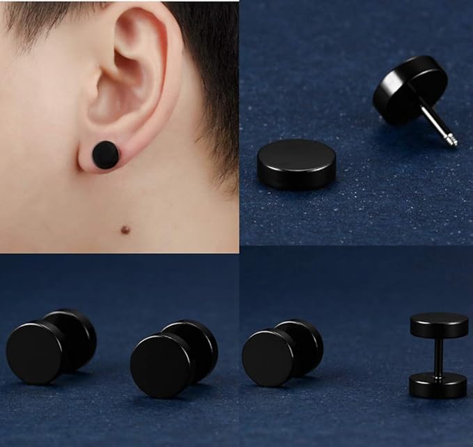 ROUND DUMBBELL - BLACK - Pure Titanium Steel Ear Hoop Earrings for Men & Boys (16mm to 2mm)