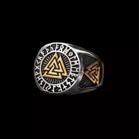 TRIVALK - Norse-Inspired Titanium Steel Ring with Rune & Valknut Symbol - Viking Style