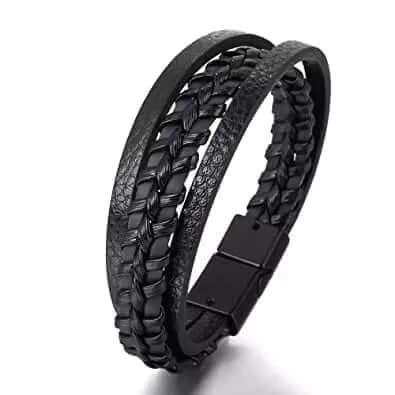 TRI-PLY -  European Style Genuine Leather Bracelet with Multi-Layer Braided, 100% Stainless Steel Magnetic Buckle for Men & Boys (8.5inch)